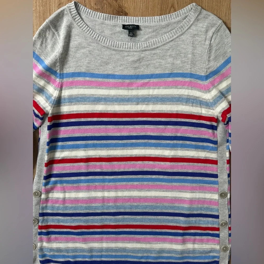 NWT Talbots‎ Multi Stripe  Gray Side Button Long Sleeve Sweater Size Petite L